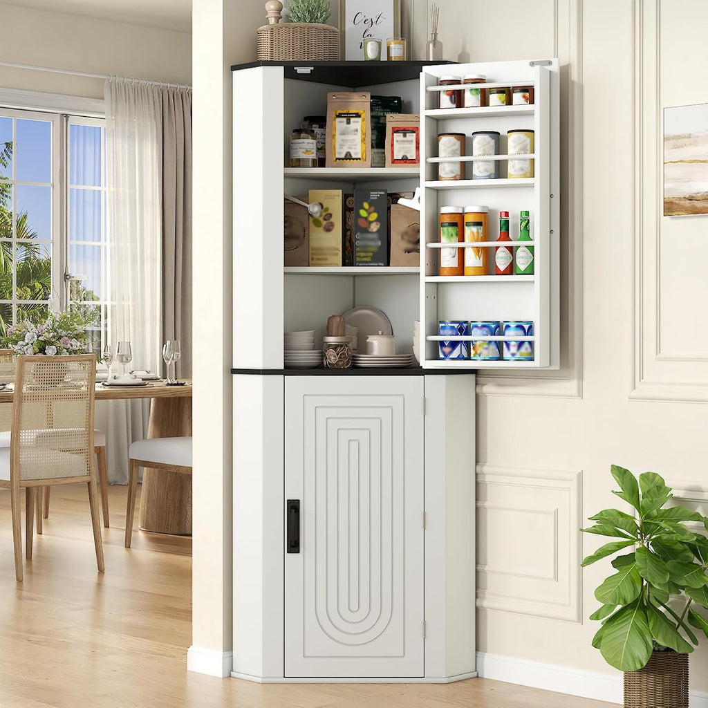 Corner Cabinet, Freestanding Kitchen Pantry Storage Cabinet, White Fluted