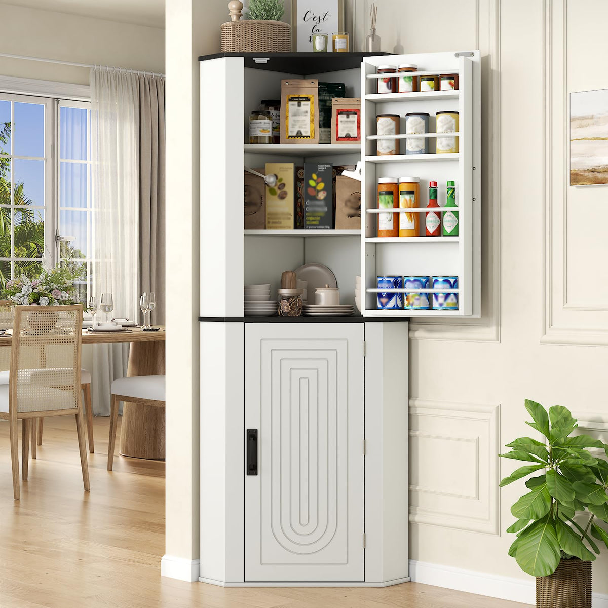Gyfimoie Corner Cabinet, Freestanding Kitchen Pantry Storage Cabinet, Black