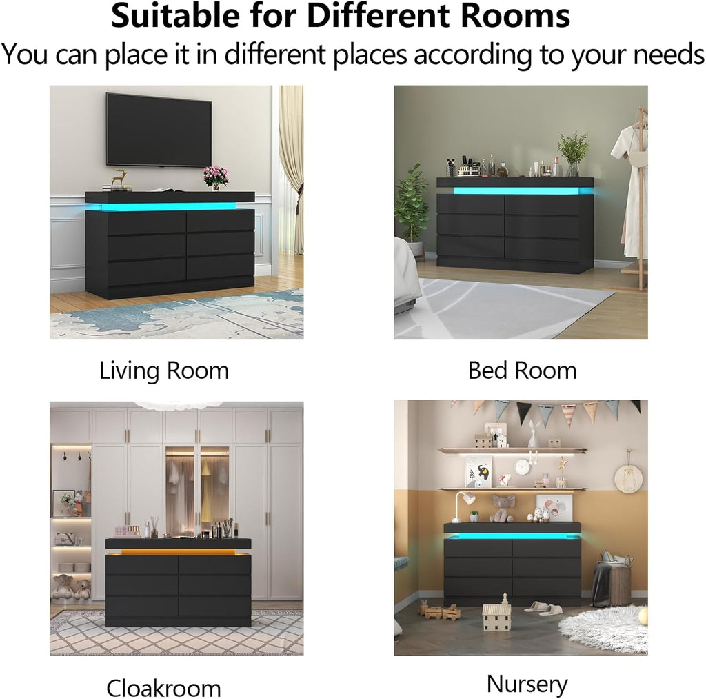 6 Drawer Dresser with Power Outlet, Dresser with LED Light, Modern Chest of Drawers for Closet, Double Wide Drawer Organizer Cabinet for Bedroom, Living Room (Black, 6 Drawers)