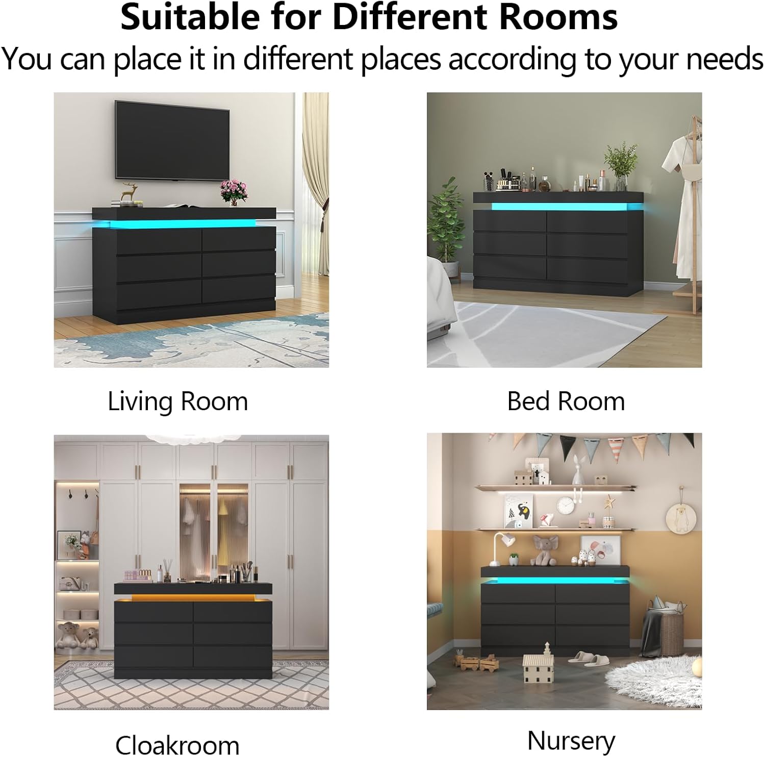 6 Drawer Dresser with Power Outlet, Dresser with LED Light, Modern Chest of Drawers for Closet, Double Wide Drawer Organizer Cabinet for Bedroom, Living Room (Black, 6 Drawers)