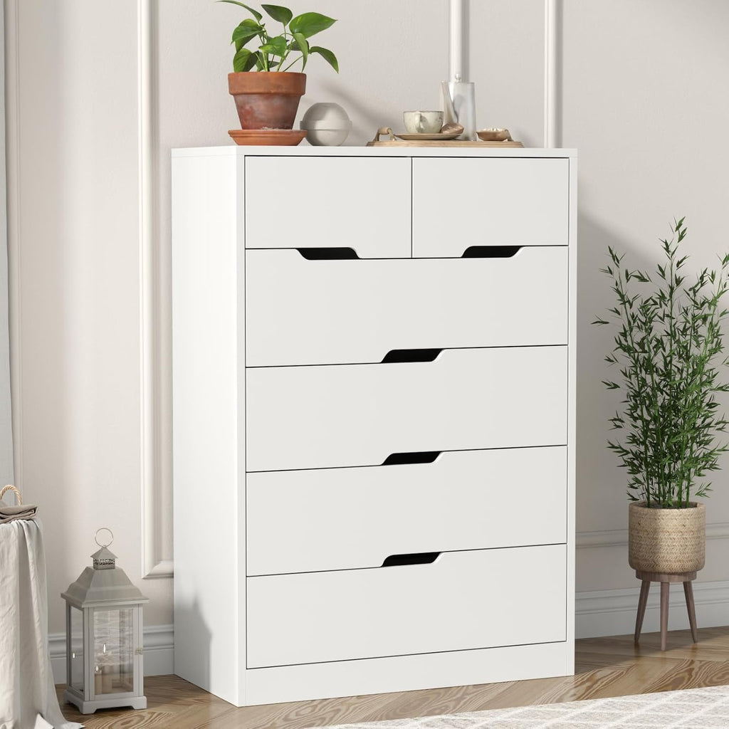 White 6 Drawer Dresser, Tall White Dresser for Bedroom, Modern Chest of Drawers for Living Room, Wooden Drawer Storage Cabinet, 5-Layer Large Capacity Clothing Organizer for Closet, Hallway