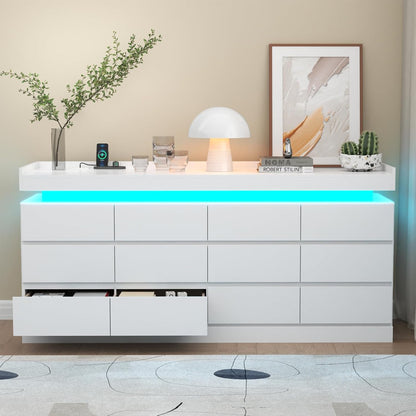 Extra Large 6 Drawer Dresser with 12 Compartments, Dresser with Power Outlet & LED Light, Modern Chest of Drawers, Double Wide Drawer Organizer Cabinet for Bedroom, Living Room, Entryway (White)
