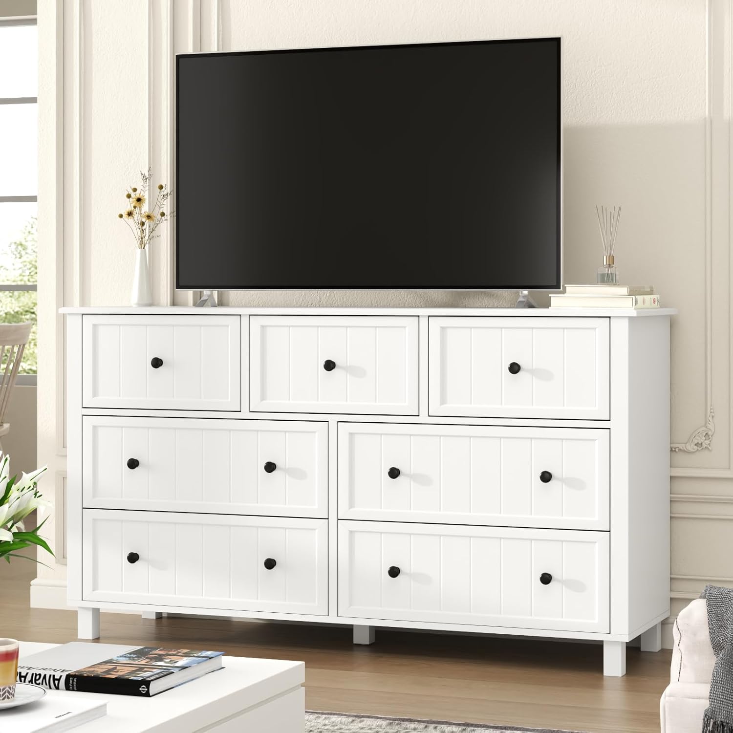 Farmhouse 7 Drawers Dresser for Bedroom, White Dresser Chest of Drawers, Wood Storage Dressers with Deep Drawers and Metal Handle, Wide Modern Dressers & TV Stand for Living Room, Closet, Hallway