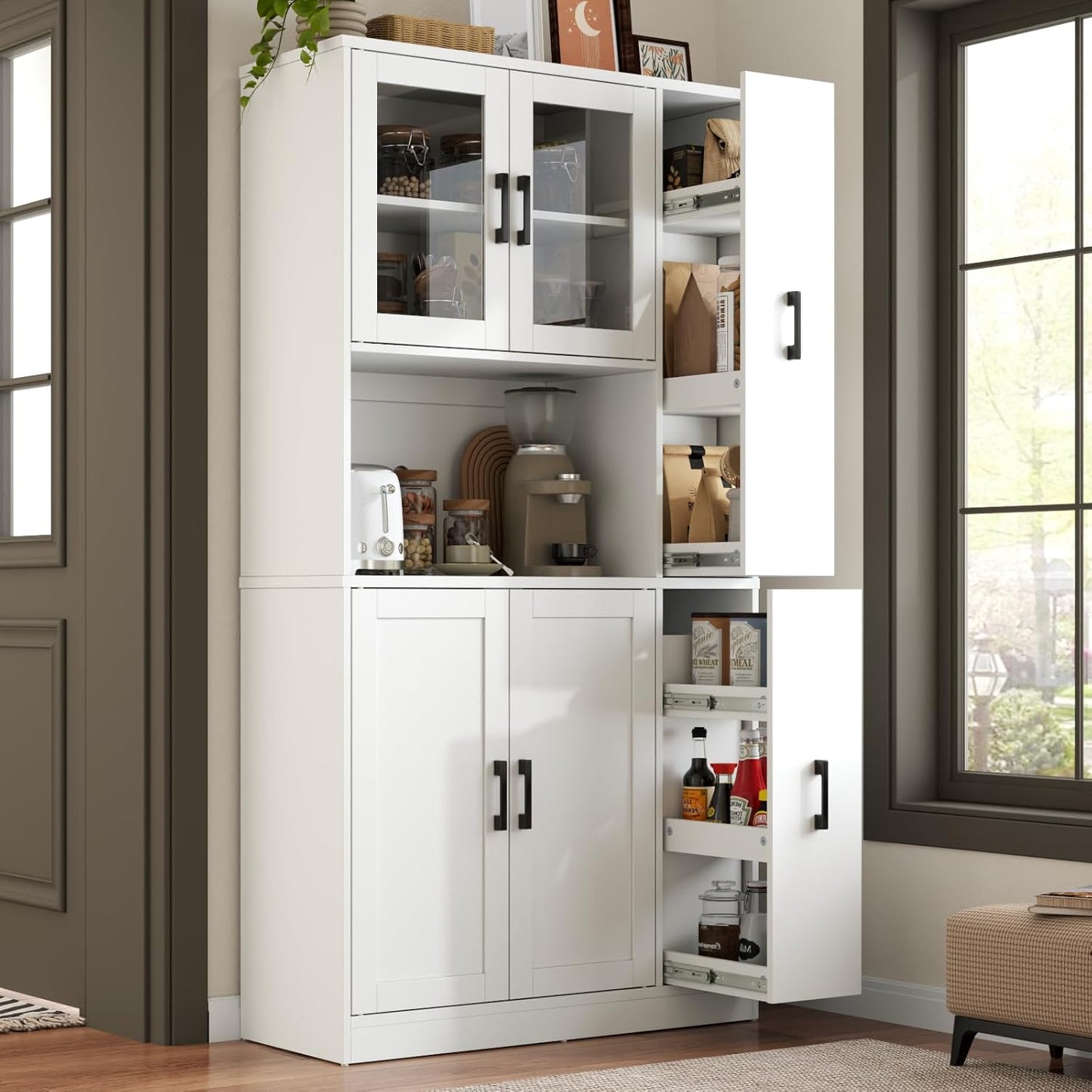 68" Tall Kitchen Pantry Cabinet with Side Drawer, Kitchen Pantry Storage Cabinet with Glass Door,Freestanding Food Hutch with Microwave Stand for Dining Room (White)