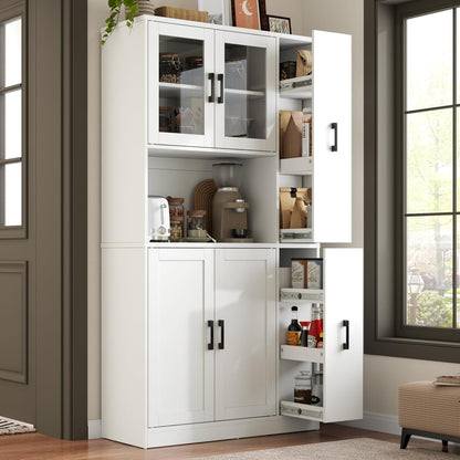 68" Tall Kitchen Pantry Cabinet with Side Drawer, Kitchen Pantry Storage Cabinet with Glass Door,Freestanding Food Hutch with Microwave Stand for Dining Room (White)