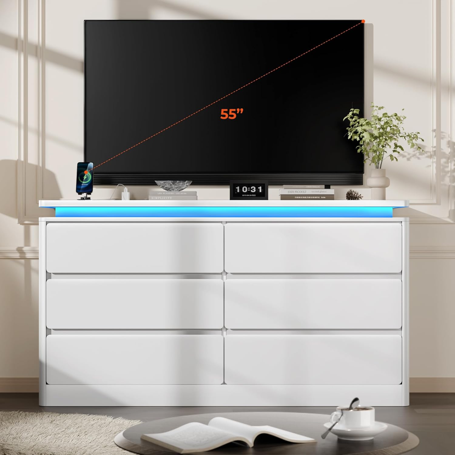 6 Drawer White Dresser for Bedroom, 47.2" Long Chest of Drawers with Charging Station & LED Lights, Double Wooden Storage Cabinet Dresser for Closet,Modern TV Stand with Deep Drawers