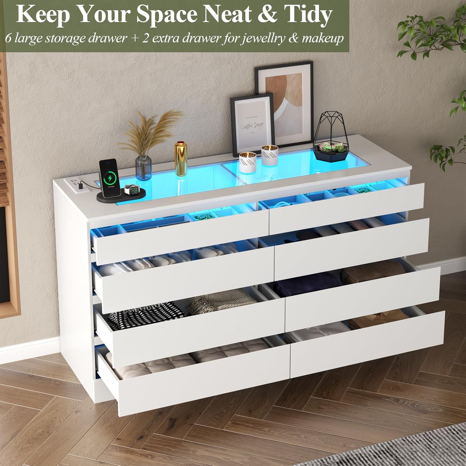 8 Drawer Dresser with Power Outlet, White Dresser for Bedroom Chest of Drawer with Glass Top & LED Light, Modern Double Wide Drawer Organizer Cabinet for Living Room (White)