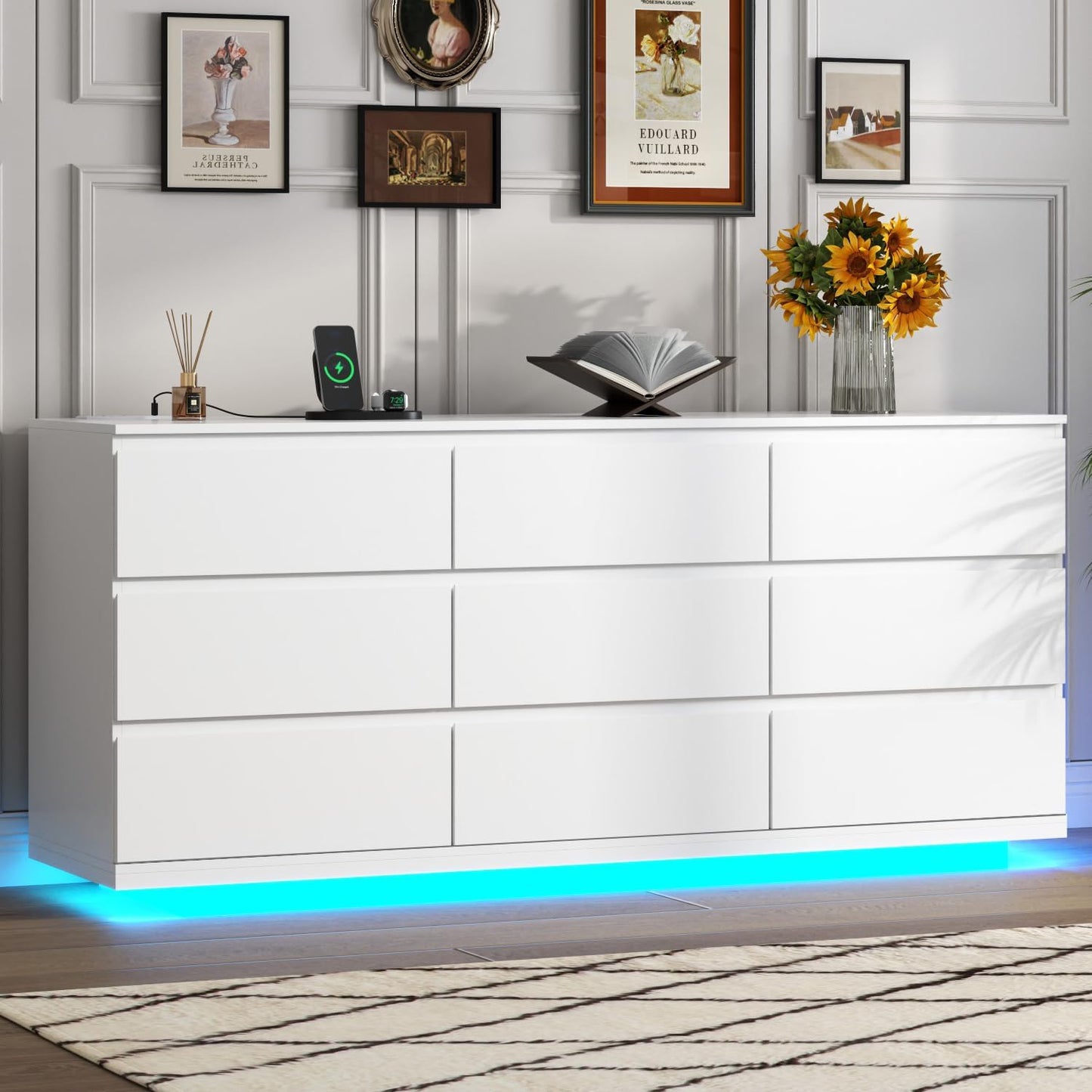 9 Drawer Dresser with Power Outlet and LED Lighting, Floating White Dresser Chest of Drawers, The Modern Organizer for Bedroom & Living Room (White)