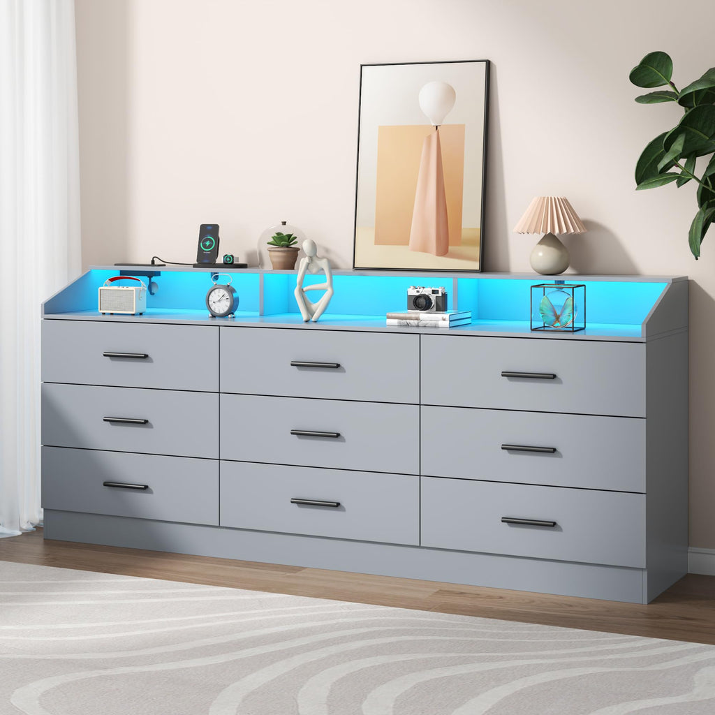 12 Drawer Dresser for Bedroom with Power Outlet,Modern Dresser w/ LED Light