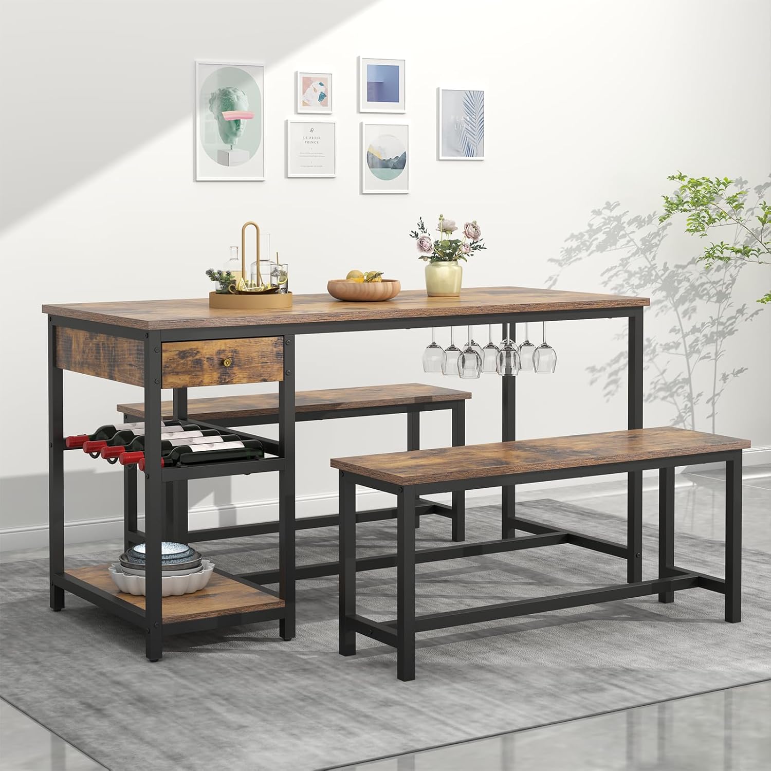 Dining Table Set for 4-6 People, 54.7" Kitchen Dinner Table with 2 Bench, Dining Room Tables Set with Storage Drawer & Shelf, 3-Piece Breakfast Nook Tables with Wine Rack &Glass Holder (Rustic)