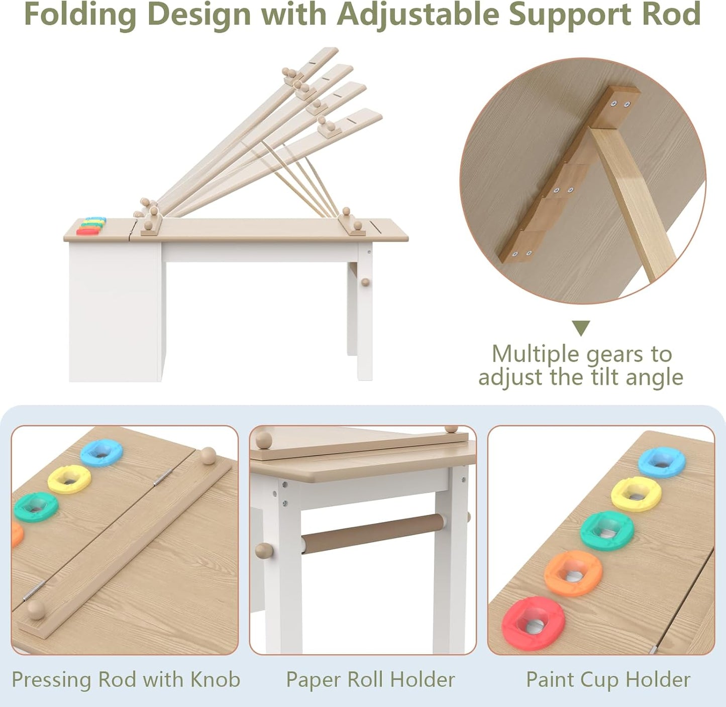 3 in 1 Kids Art Table and Chair Set, Art Desk & Easel w/ Storage Shelves, Drawers, Paint Cups, Paper Roll, Toddler Table and Chair Set w/ Bench & 2 Chairs for Draw, Write, Play, Crafts (Light Walnut)