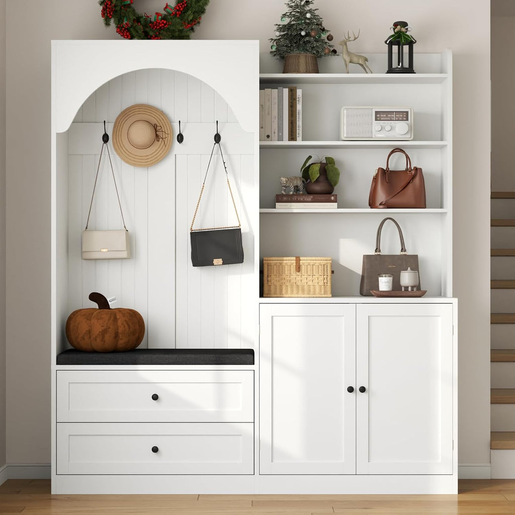 Large Hall Tree with Bench and Shoe Rack for Entryway, 71'' H x 59'' W