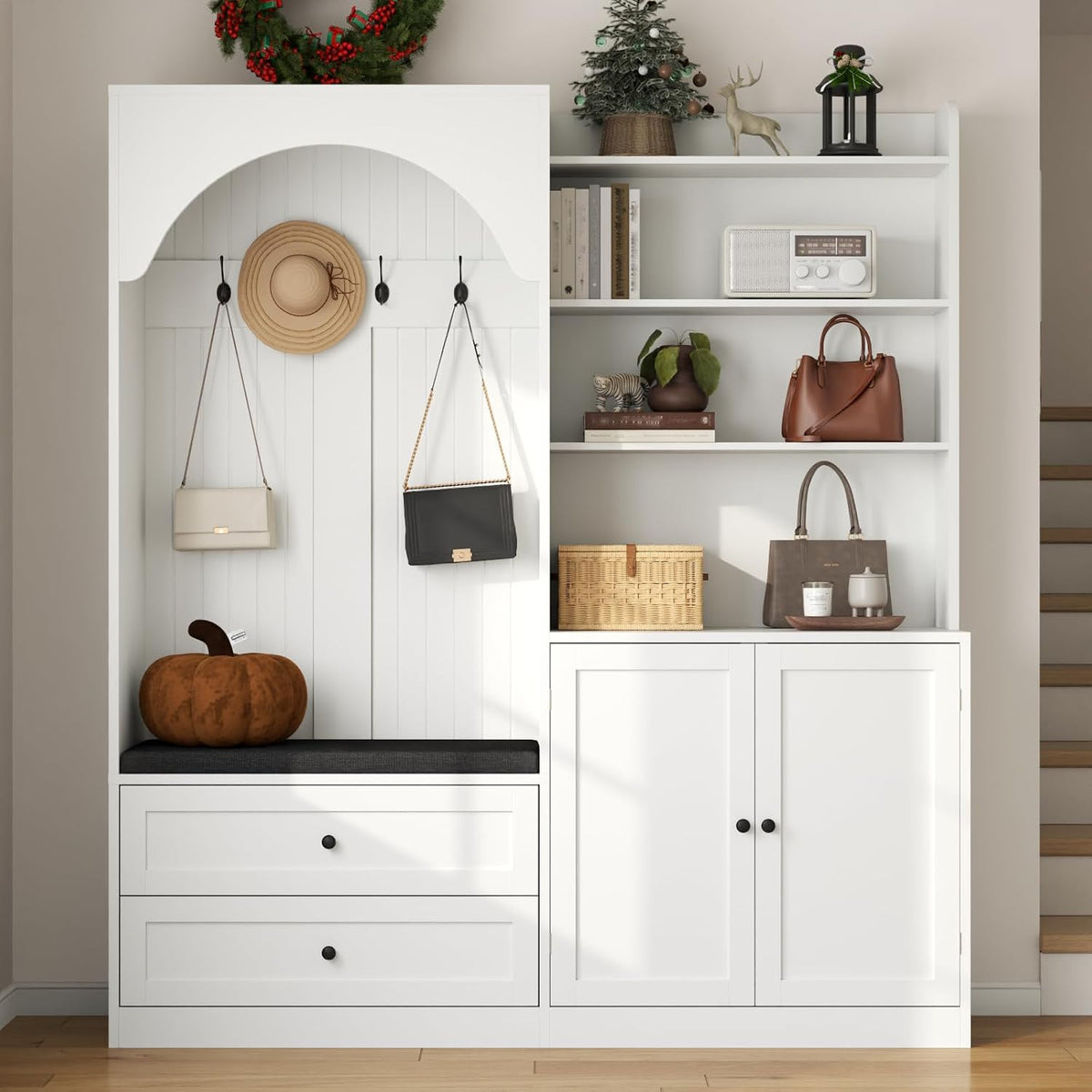 Large Hall Tree with Bench and Shoe Rack for Entryway, 71'' H x 59'' W