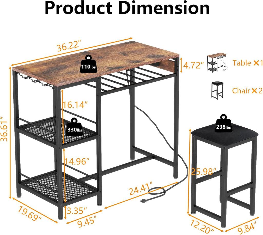 Bar Table and Chairs Set with Power Outlet, Pub Table and Chairs Set for 2 with 2 Storage Shelves, 3 Piece Table Set with Wine Rack&Glass Holder for Living Room,Dining Room,Small Apt (Rustic)
