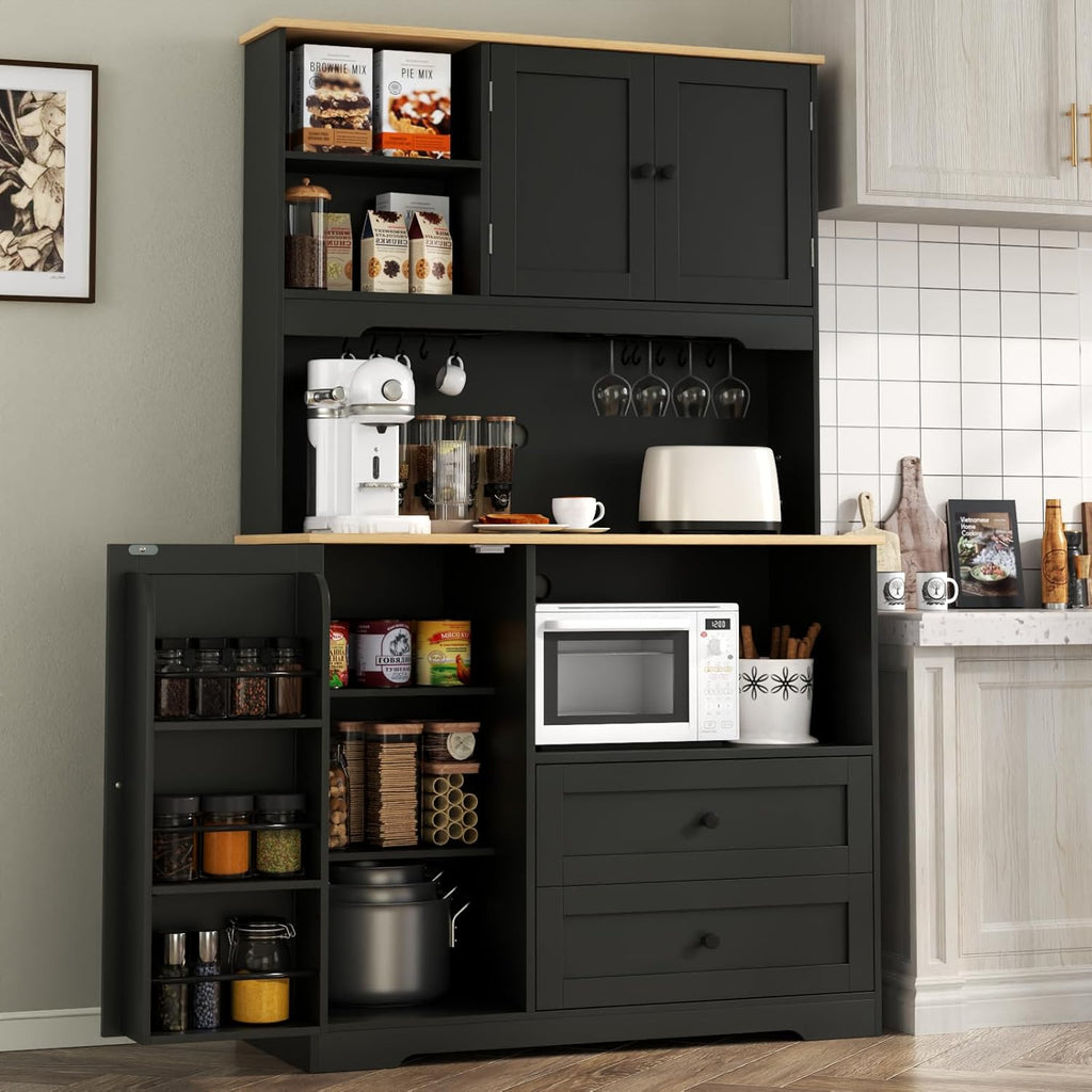 Kitchen Pantry Storage Cabinet,Freestanding Buffet Cabinet with Wine Glass Holder and 2 drawers,Food Pantry with Doors and Shelves,Tall Kitchen Hutch with Microwave Stand for Kitchens (Black)