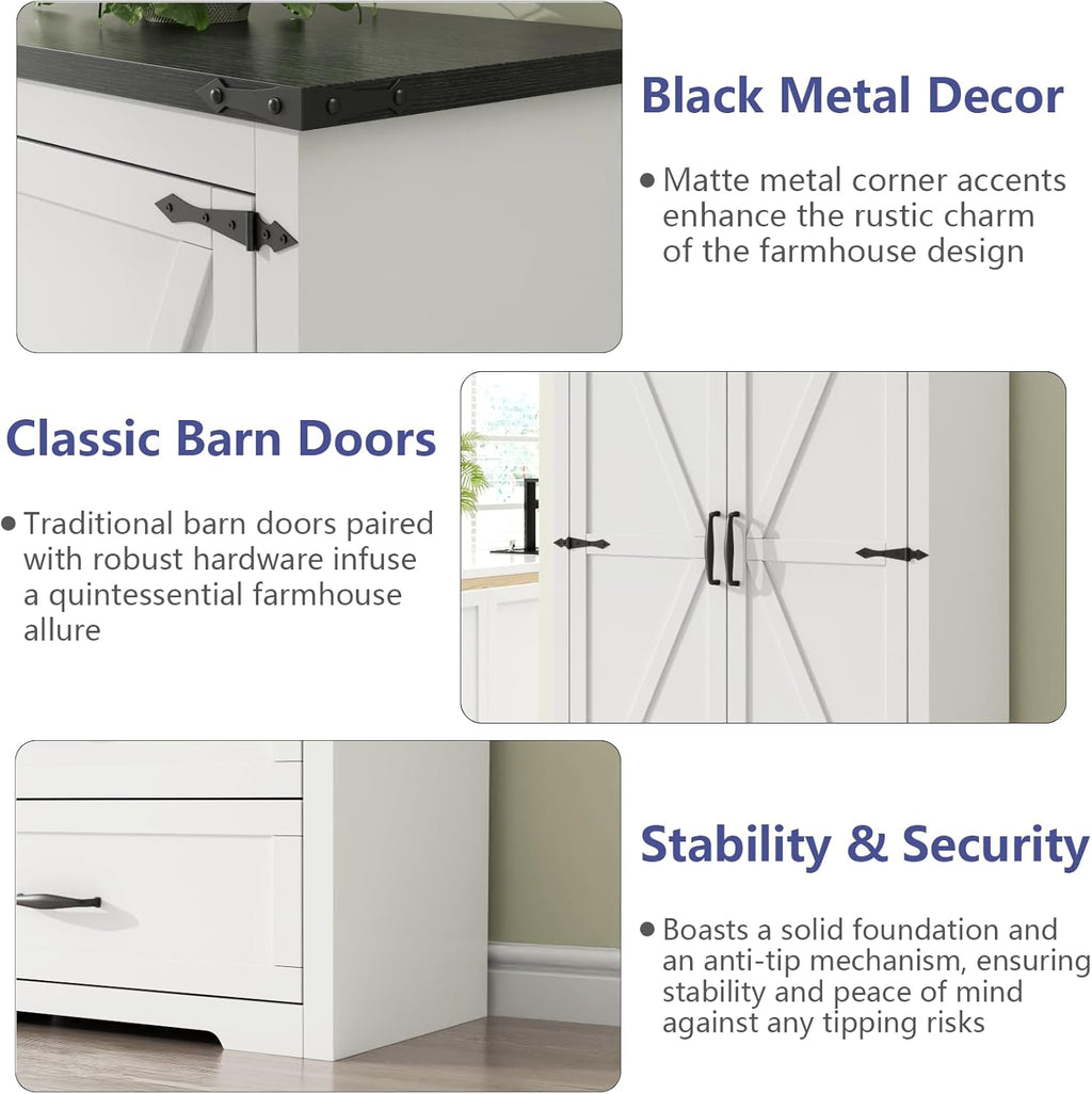 Tall Farmhouse Kitchen Cabinet with Sensor Light, Food Pantry Cabinet with 2 Large Drawers and Adjustable Shelves, Traditional Freestanding Cupboard with Doors for Kitchen (White)