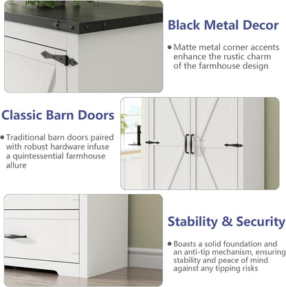 Tall Farmhouse Kitchen Cabinet with Sensor Light, Food Pantry Cabinet with 2 Large Drawers and Adjustable Shelves, Traditional Freestanding Cupboard with Doors for Kitchen (White)