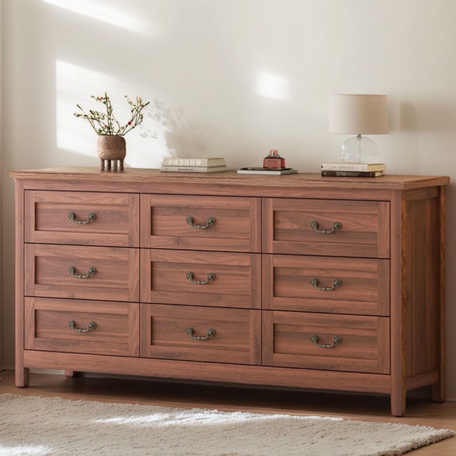 Farmhouse 9 Drawer Dresser for Bedroom, 63" Wide Long Chest of Drawers with Deep Drawers & Vintage Handle, Storage Dresser Organizer, TV Stand for Bedroom, Living Room (White)