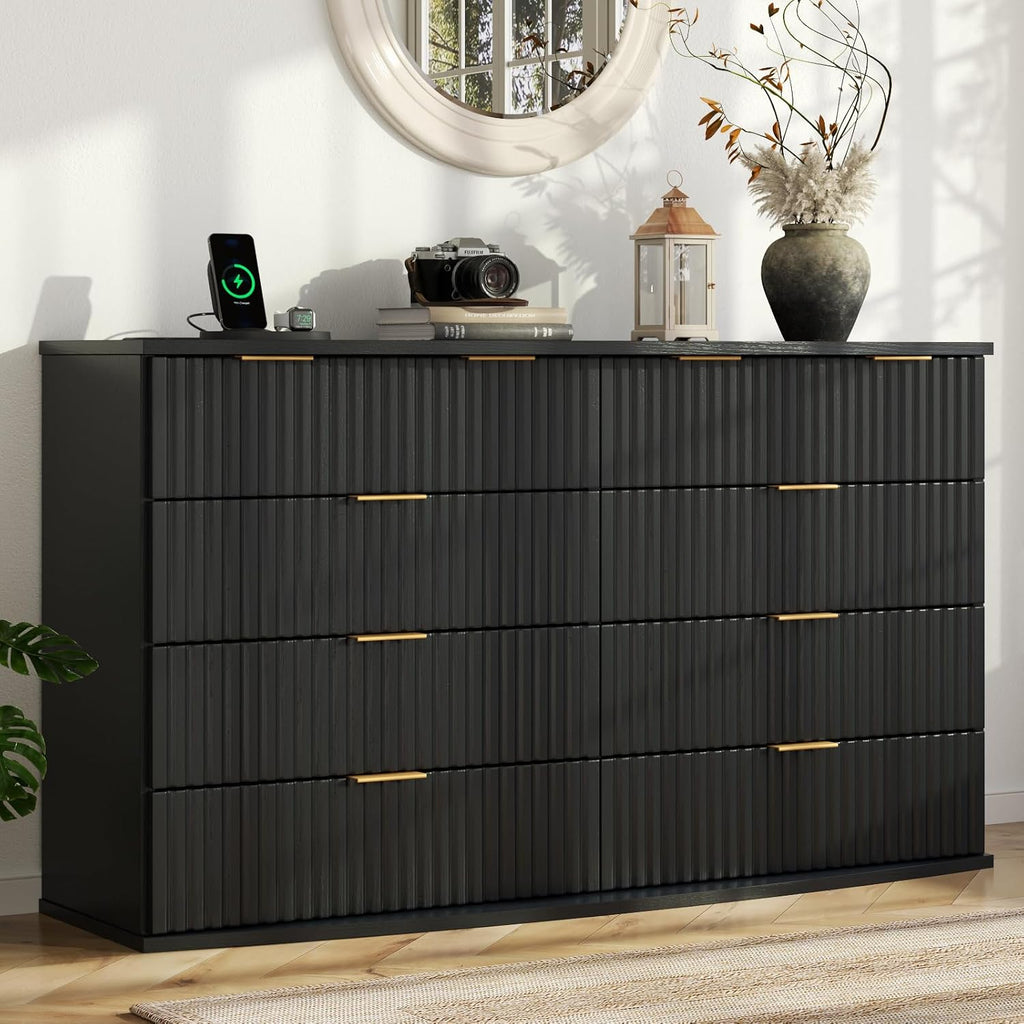 8 Drawer Dresser with Fluted Panel, 47.25" Wide Black Chest of Drawers with Power Outlet, Wooden Dresser Organizer with Sturdy Metal Handle, Modern Dresser TV Stand for Bedroom, Living Room, Entryway