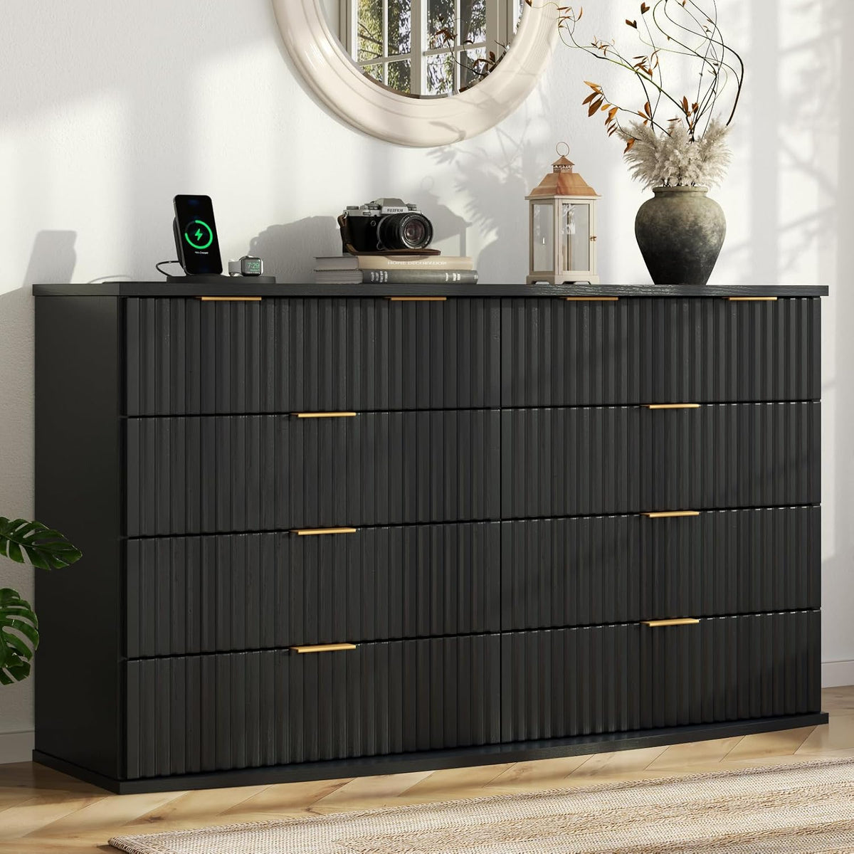 8 Drawer Dresser with Fluted Panel, 47.25" Wide Black Chest of Drawers with Power Outlet, Wooden Dresser Organizer with Sturdy Metal Handle, Modern Dresser TV Stand for Bedroom, Living Room, Entryway
