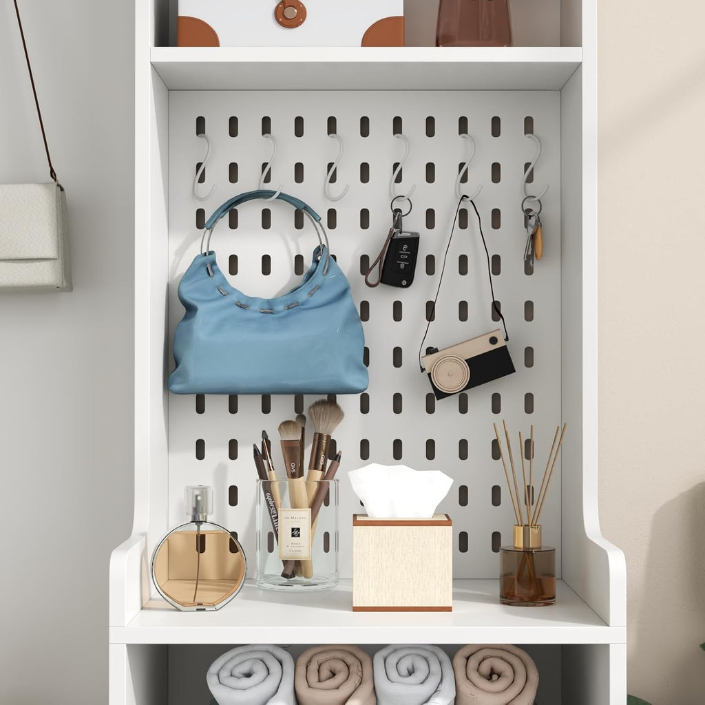 Hall Tree with Shoe Storage, Entryway Bench with Coat Rack & LED Lights, Modern Hall Trees with 9 Cubbies & 5 Hooks, Mudroom Coat Rack Cabinet, White