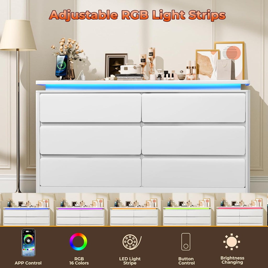 6 Drawer White Dresser for Bedroom, 47.2" Long Chest of Drawers with Charging Station & LED Lights, Double Wooden Storage Cabinet Dresser for Closet,Modern TV Stand with Deep Drawers