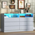 6 Drawer Dresser with Power Outlet, Modern White Dresser Chest of Drawers with LED Ligh, Wooden Dressers TV Stand, Double Wide Dressers Organizer for Bedroom, Living Room, Entryway