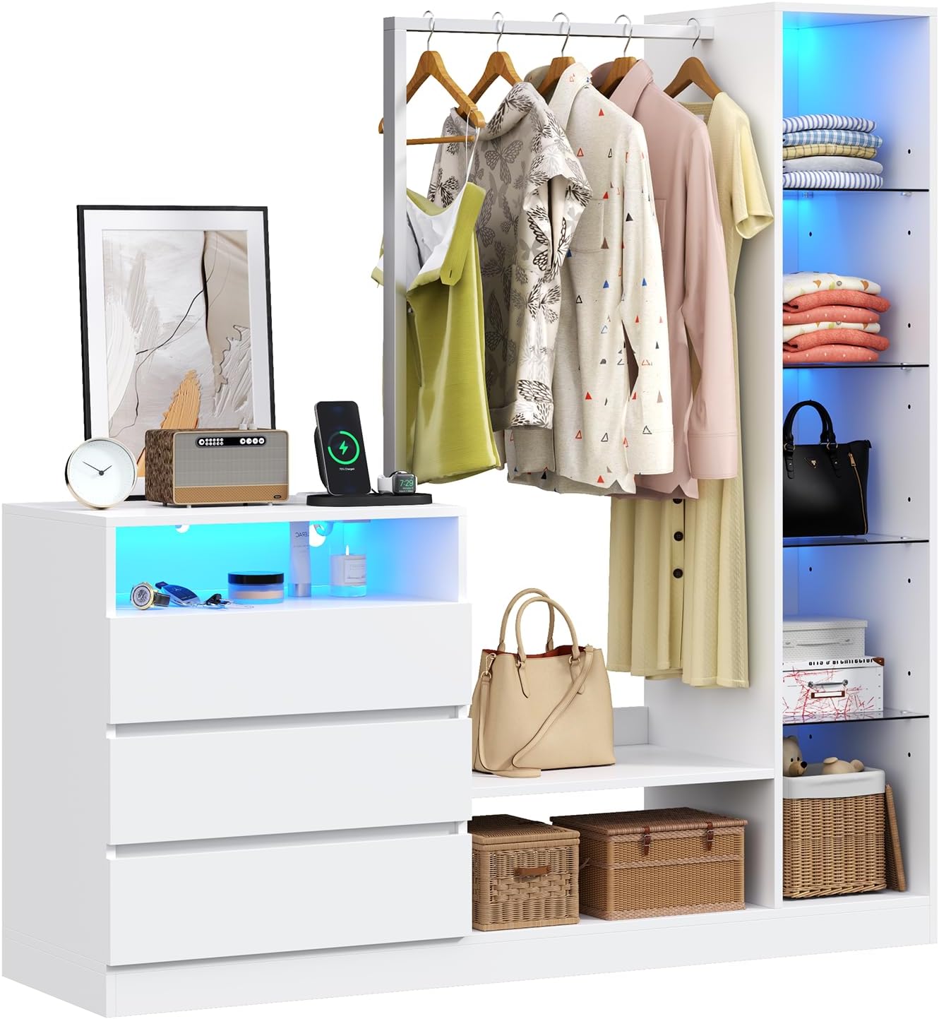 Dresser with Hanging Rack, 3 Drawers Dresser with Charging Station & LED Lights, 55" Chest of Drawers with Open Storage & Adjustable Shelves for Clothes, White Modern Dresser for Bedroom, Closet