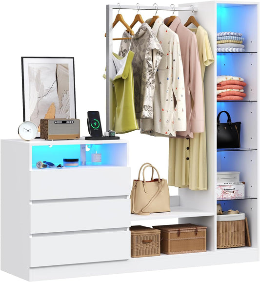 Dresser with Hanging Rack, 3 Drawers Dresser with Charging Station & LED Lights, 55" Chest of Drawers with Open Storage & Adjustable Shelves for Clothes, White Modern Dresser for Bedroom, Closet