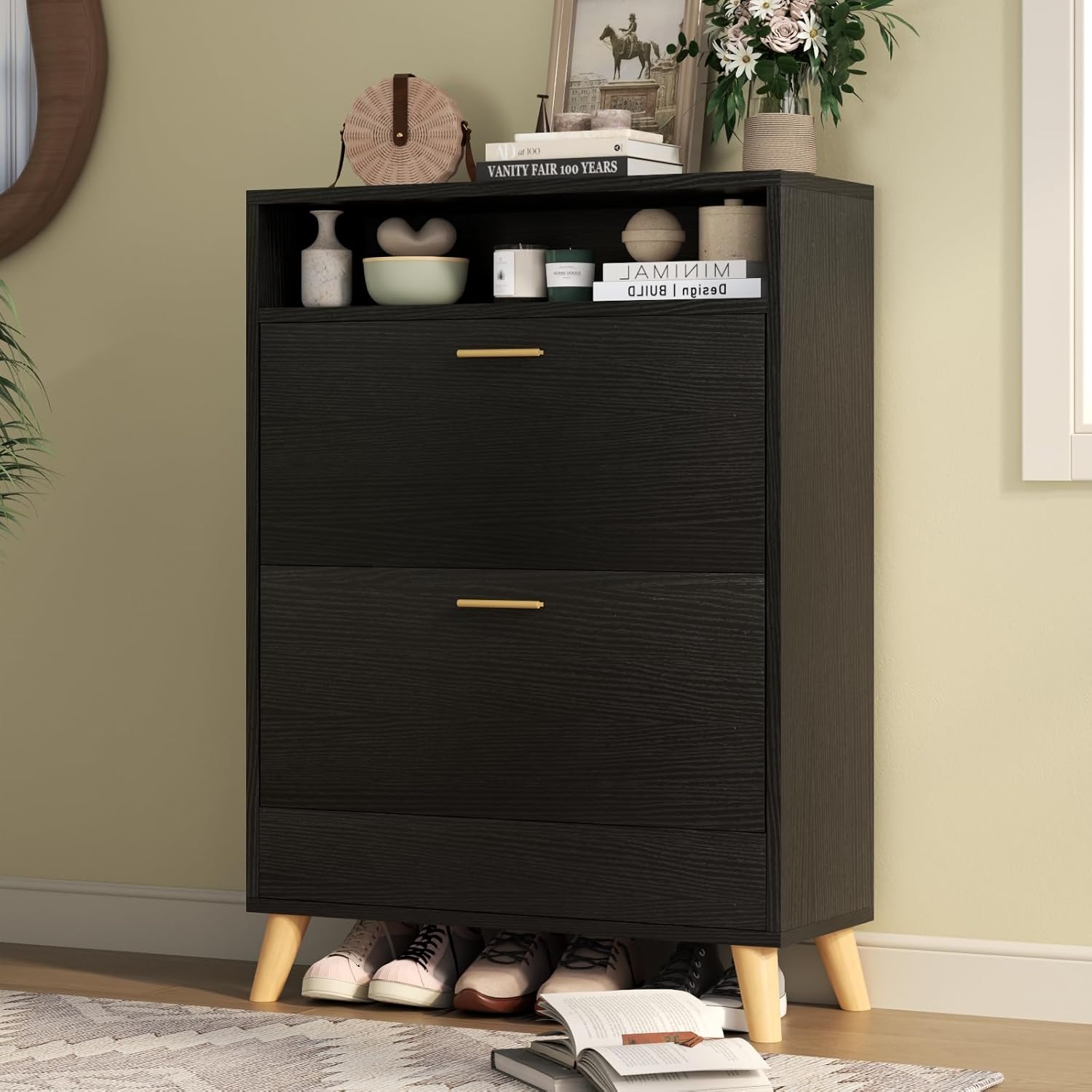 Entryway Shoe Storage Cabinet with 2 Flip Drawers, FreestandingShoe Organizer for Entryway, Narrow Shoe Rack Cabinet (Black)