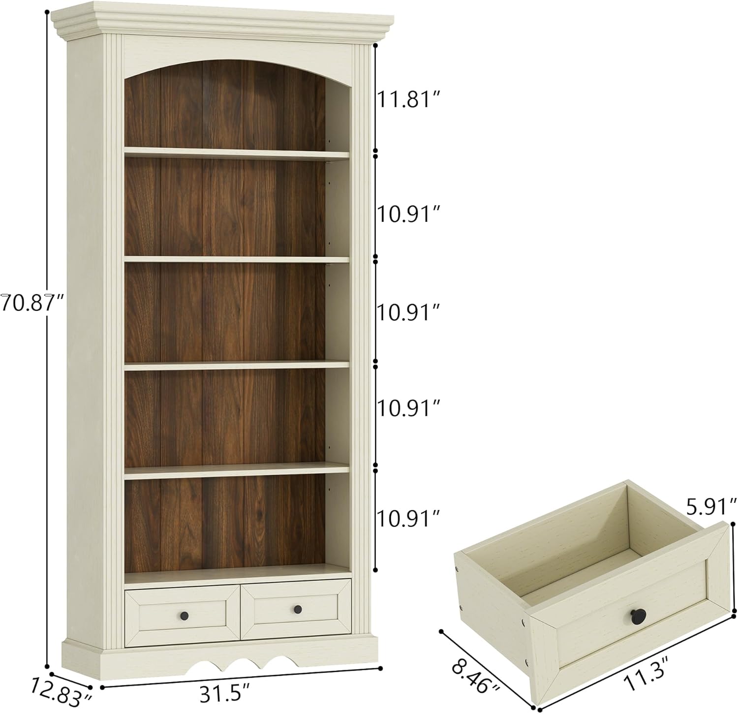 71’’ Tall Arched Bookcase with Stroage, Farmhouse 5-Tier Arch Bookshelf with Drawers, Freestanding Book Shelf with Adjustable Shelf and Roman Column Pattern for Home Office (1, White)