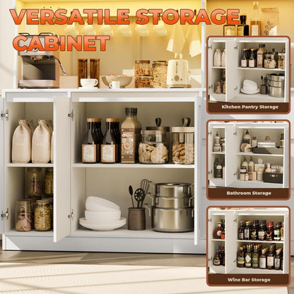 Farmhouse Kitchen Pantry Cabinet with Power Outlet & LED Light, Large Coffee Bar Cupboard with Microwave Stand, 3 Doors & 3 Drawers, 7 Cup Holders & 8 Open Cubbies, Adjusted Shelves (White)