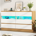 6 Drawer Dresser with Power Outlet & LED Light, Modern Chest of Drawers with 2 Open Cubbies, Double Wide Drawer Dresser Organizer, TV Stand for Bedroom, Entryway (White & Light Wood)