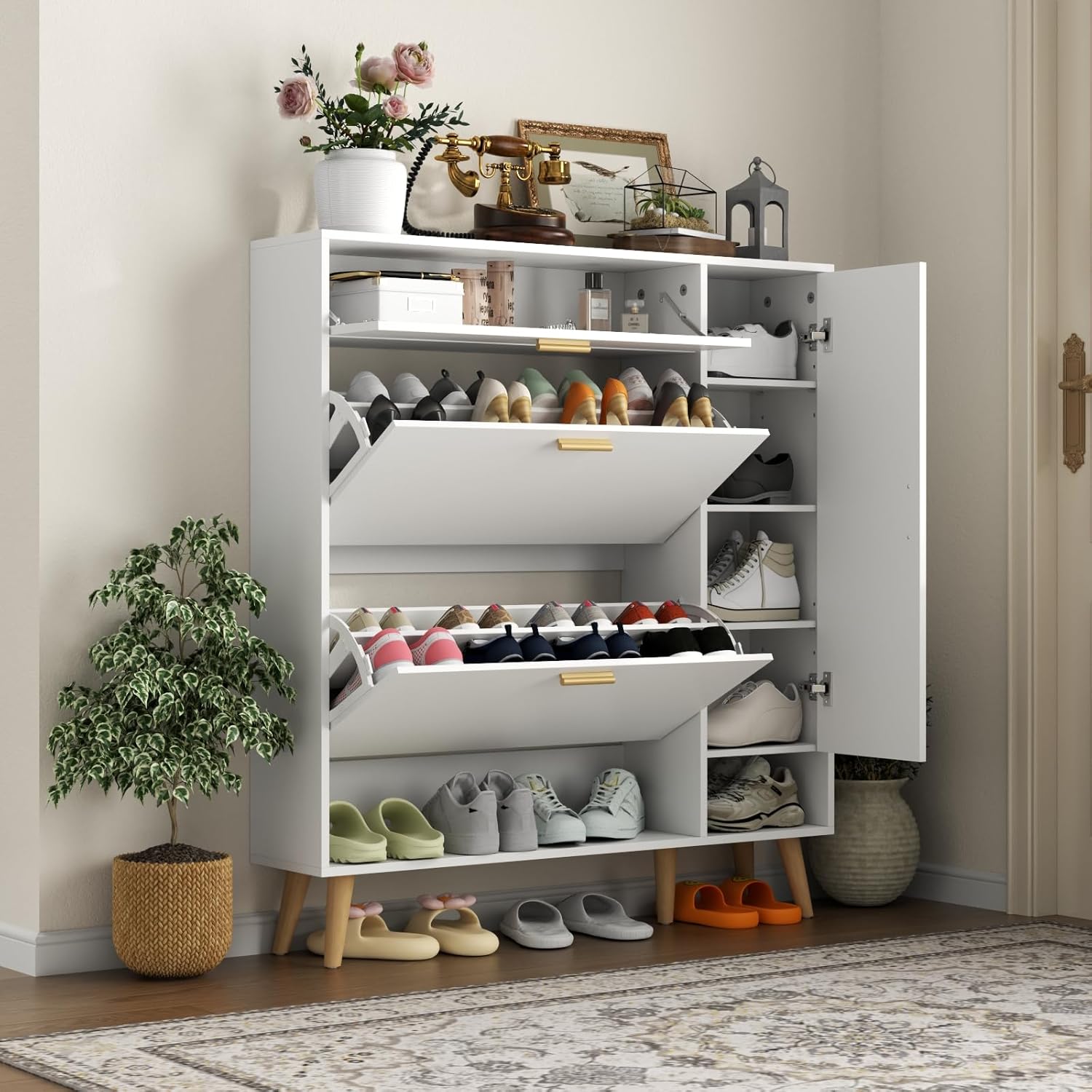 Shoe Cabinet with 3 Flip Drawers & Side Cabinet and Adjustable Shelves, Narrow Entryway Hidden Shoe Rack with Doors, Hallway Organizer (White)
