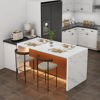 63" Large Imitation Marble Dining Table for 4-6 People(Patent Pending), Island Table with LED Lights, Mordern Marble Stripes Kitchen Dining Table with Grille design for Dining Room,Living Room,White