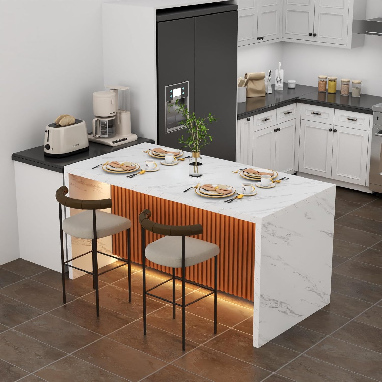 63" Large Imitation Marble Dining Table for 4-6 People(Patent Pending),Island Table with LED Lights, Mordern Marble Stripes Kitchen Dining Table with Grille design for Dining Room,Living Room (White)