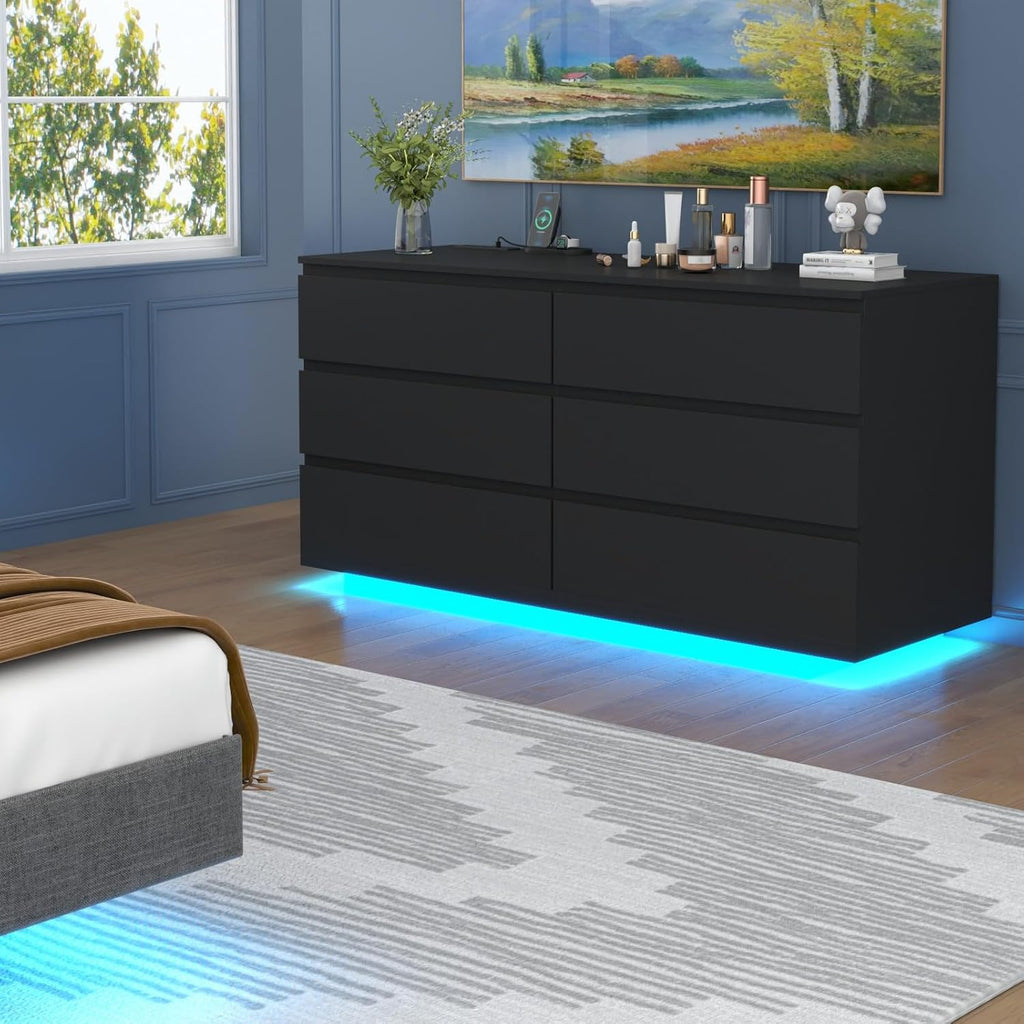 6 Drawer Dresser with Power Outlet, Floating White Dresser Chest of Drawer with LED Light,Modern Double Wide Drawer Organizer Cabinet for Bedroom,Living Room (Black)