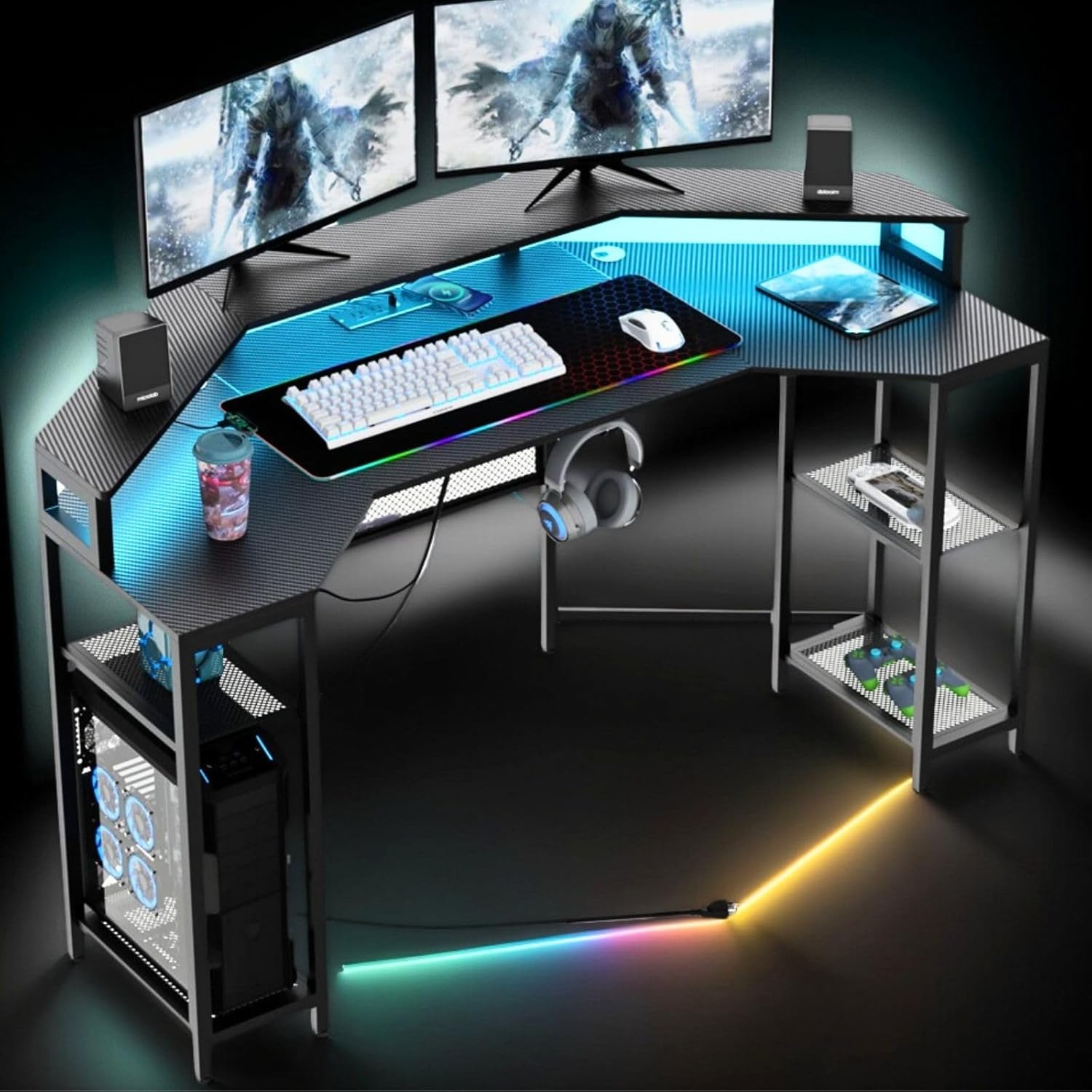 Gaming Desk with Power Outlets & LED Lights, 63" Wing-Shaped Computer Desk with Full Monitor Stand,Wireless Charging,Shelves,RGB Mouse Pad, Studio Desk Corner Desk with Headphone Hook (Black)