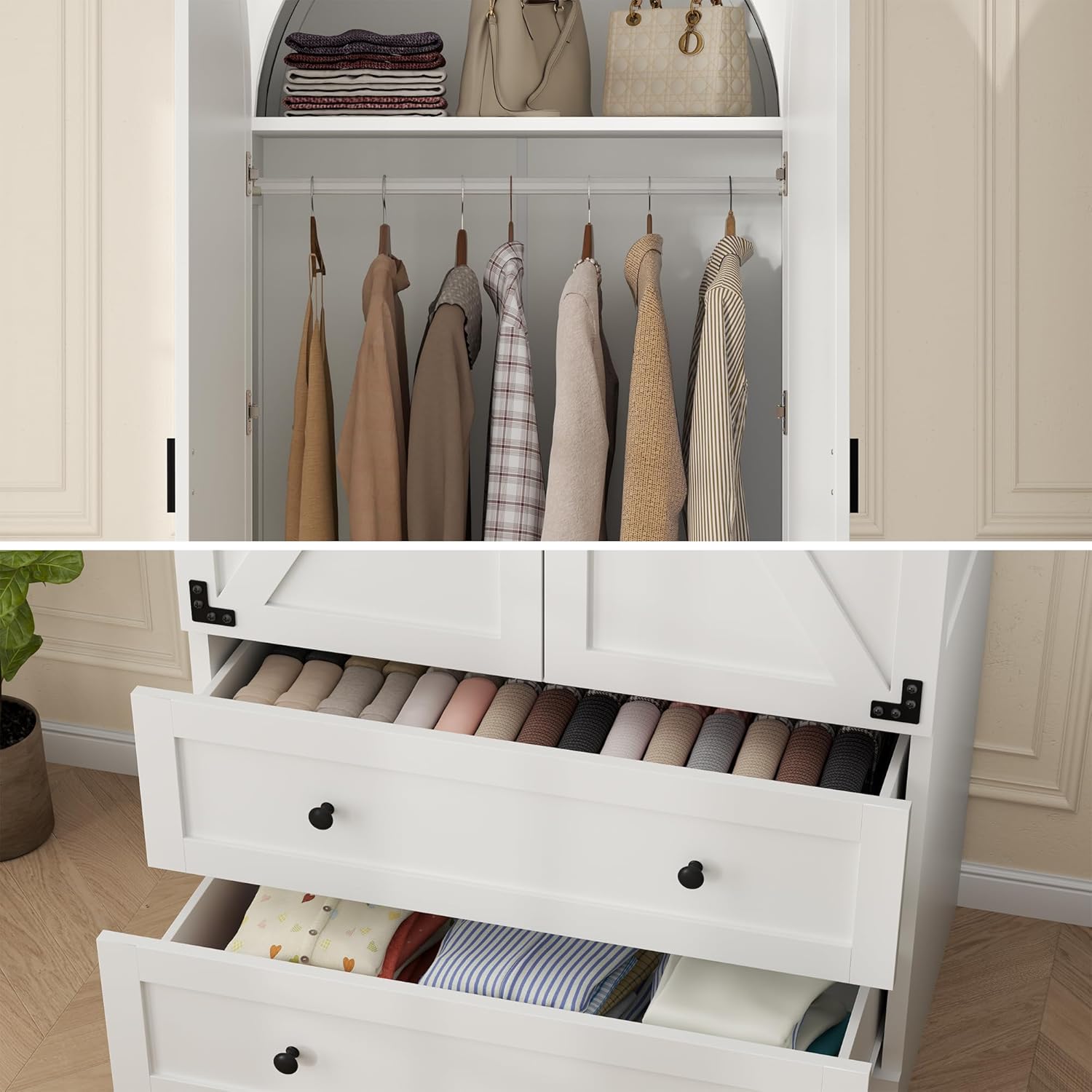 74.8" White Armoire Wardrobe Closet with 2 Drawers and 2 Doors, Tall Bedroom Freestanding Armoire Storage Cabinet with Shelves, Wood Large Wardrobe Combination for Hanging Clothes (White)