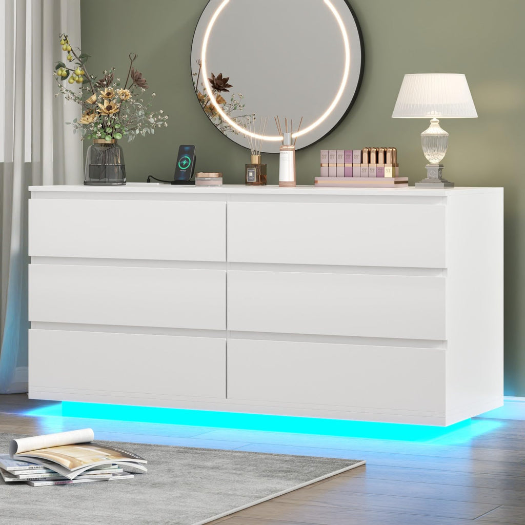 6 Drawer Dresser with Power Outlet, Floating White Dresser Chest of Drawer with LED Light,Modern Double Wide Drawer Organizer Cabinet for Bedroom,Living Room (Black)
