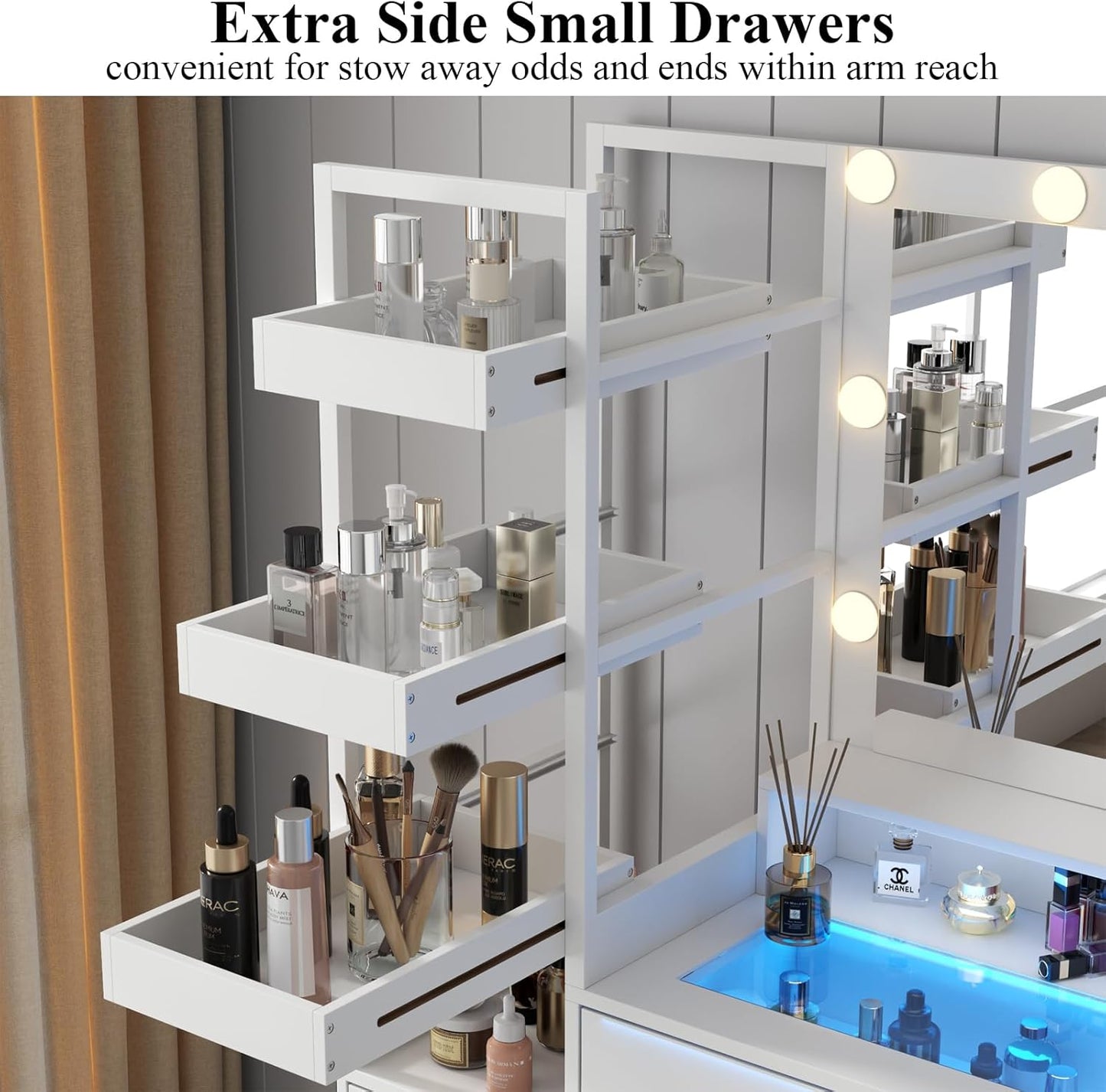 White Vanity Desk with Mirror and Lights, 8 Drawer Makeup Vanity Table with Glass Top, Power Outlets and RGB Lights, Women & Girls Dressing Table with Lighted Mirror（Stool Not Included）