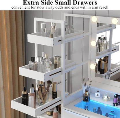 White Vanity Desk with Mirror and Lights, 8 Drawer Makeup Vanity Table with Glass Top, Power Outlets and RGB Lights, Women & Girls Dressing Table with Lighted Mirror（Stool Not Included）