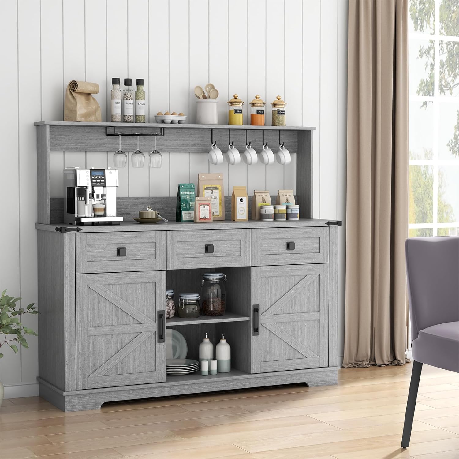 Farmhouse Bar Cabinet with Hutch, Kitchen Buffet Cabinet with Storage Cabinet & 3 Sliding Drawers, Adjustable Shelf, Goblet Holder, Cup Hooks for Living Room, Dining Room Use (Grey)