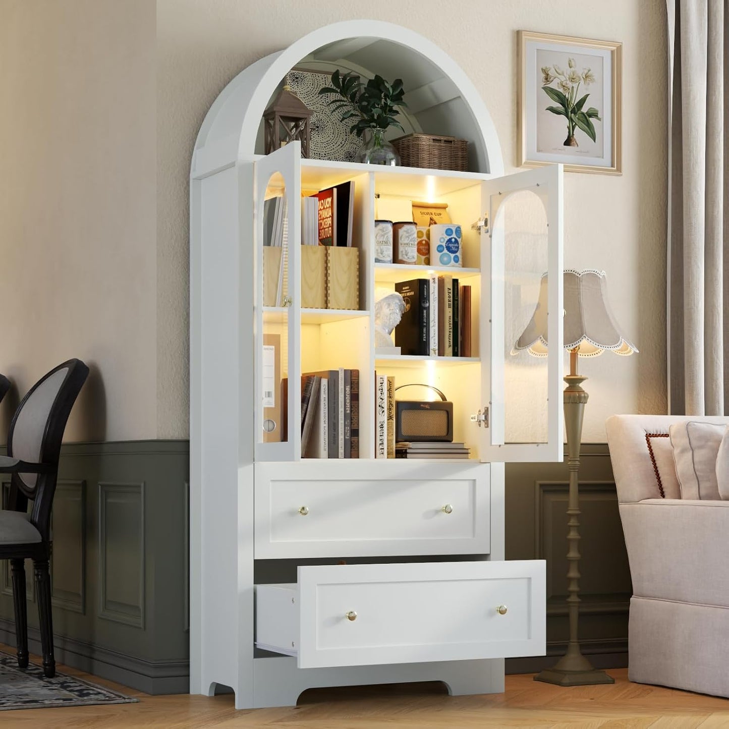 70" Tall Arched Bookcase with LED Lights, Modern Curved Cabinet with Glass Door, Arched Bookshelf Cabinet with 2 Storage Drawers, Display Storage Cabinet with Adjustable Shelves for Living Room,White