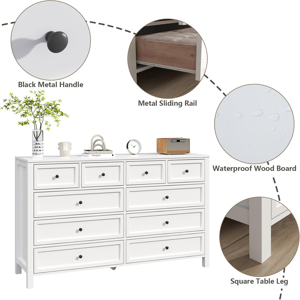 Farmhouse 10 Drawers Dresser for Bedroom, White Dresser Chest of Drawers, Wood Storage Dressers with Deep Drawers and Metal Handle, Wide Modern Dressers & TV Stand for Living Room, Closet, Hallway
