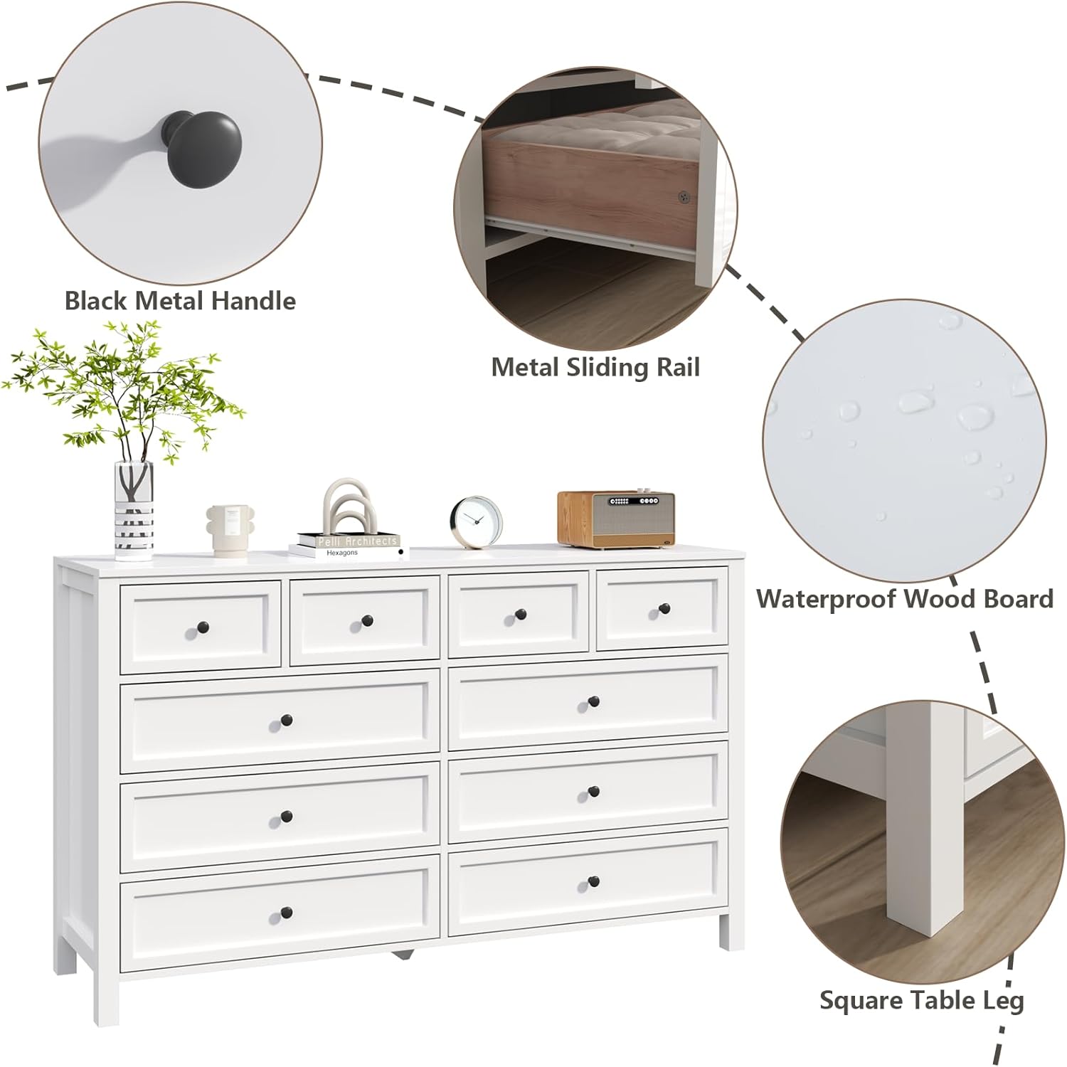 Farmhouse 10 Drawers Dresser for Bedroom, White Dresser Chest of Drawers, Wood Storage Dressers with Deep Drawers and Metal Handle, Wide Modern Dressers & TV Stand for Living Room, Closet, Hallway