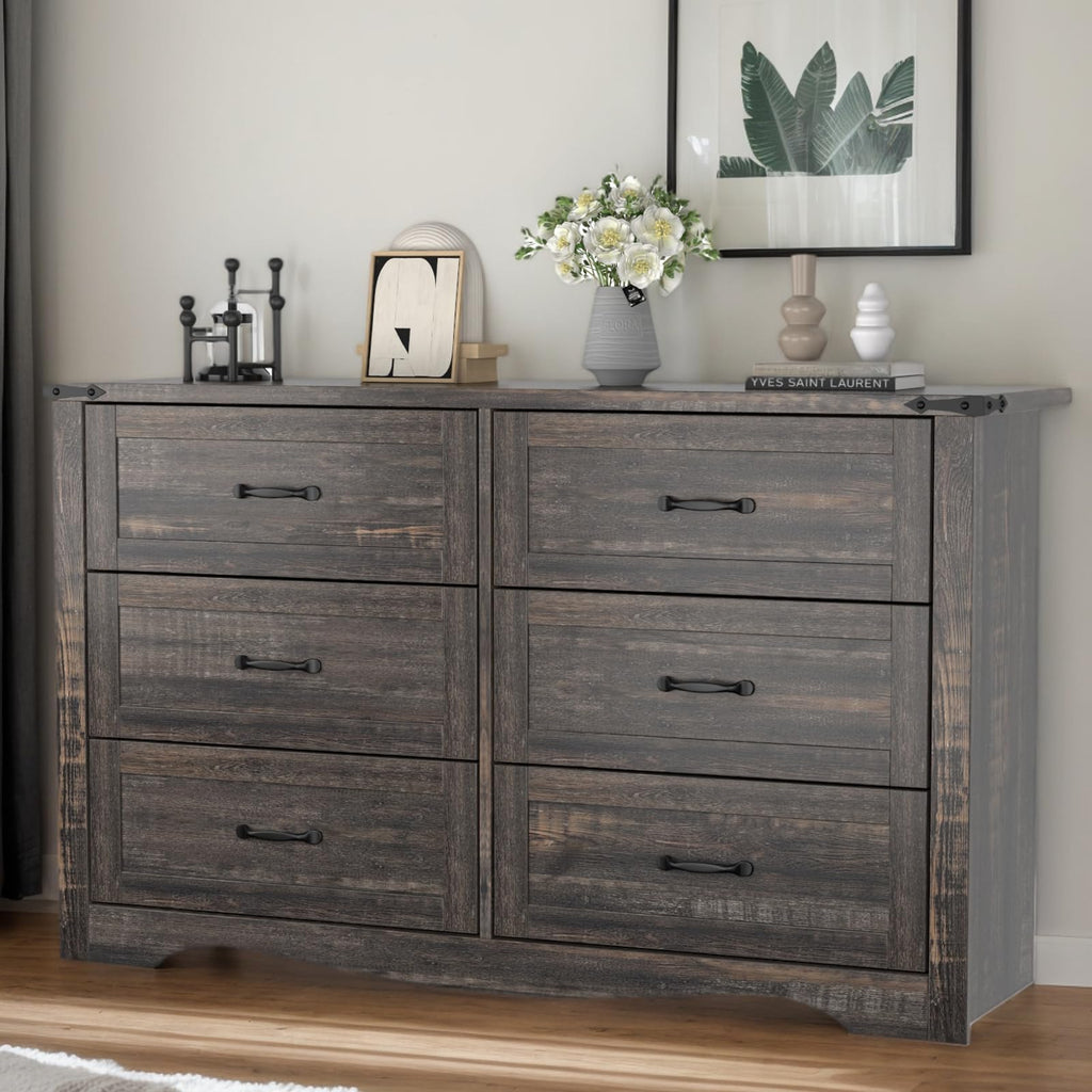 Farmhouse 6 Drawer Dresser for Bedroom, Wood Dresser Chest of Drawers, Wide Dressers Organizer with Metal Handles, Natural Texture Storage Cabinet for Closet, Living Room, Hallway (White)