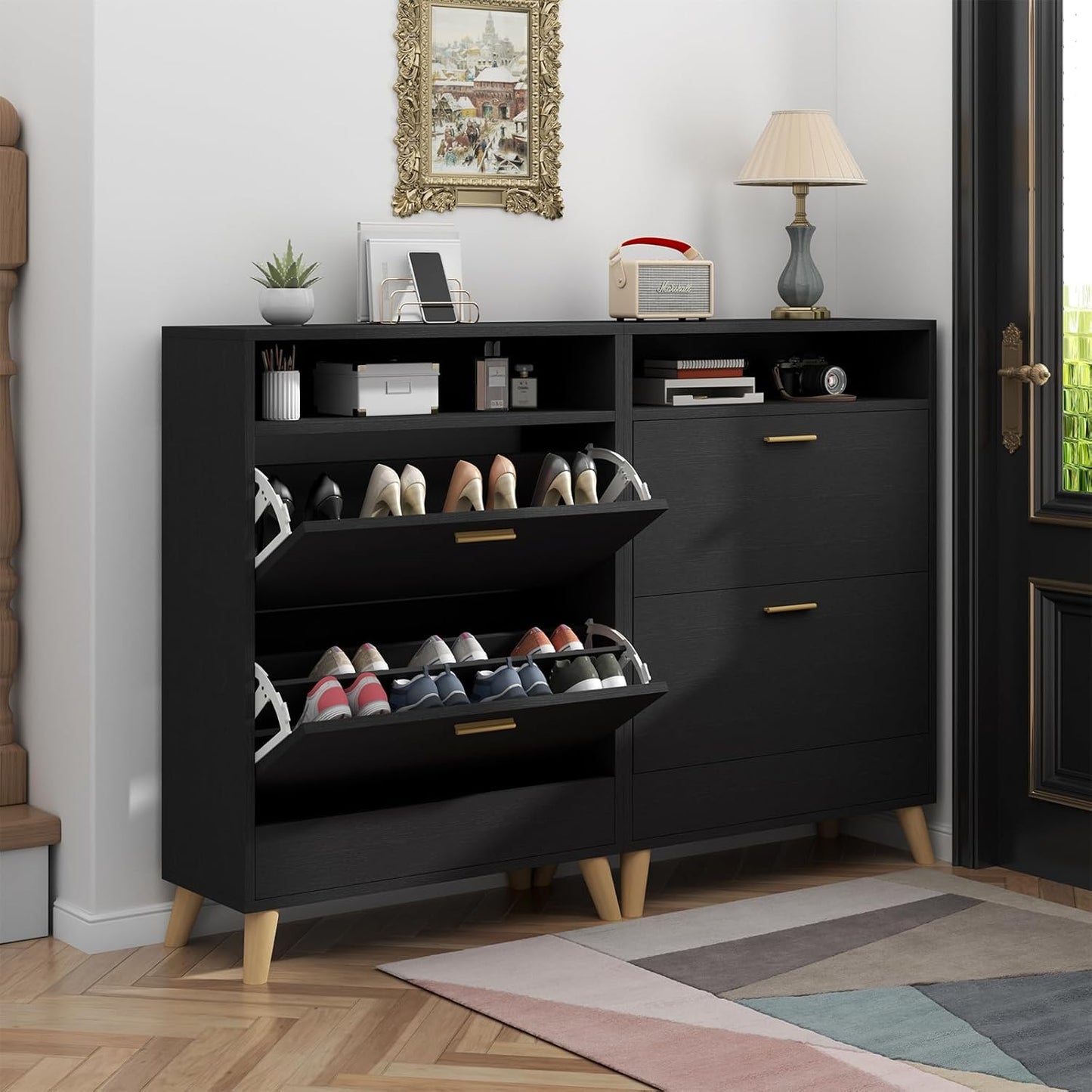 Shoe Storage Cabinets, 16 Pairs Free Standing Shoe Organizer with 2 Flip Drawers for Entryway, Narrow 3 Tier Entryway Hidden Shoe Rack with Doors (Black)