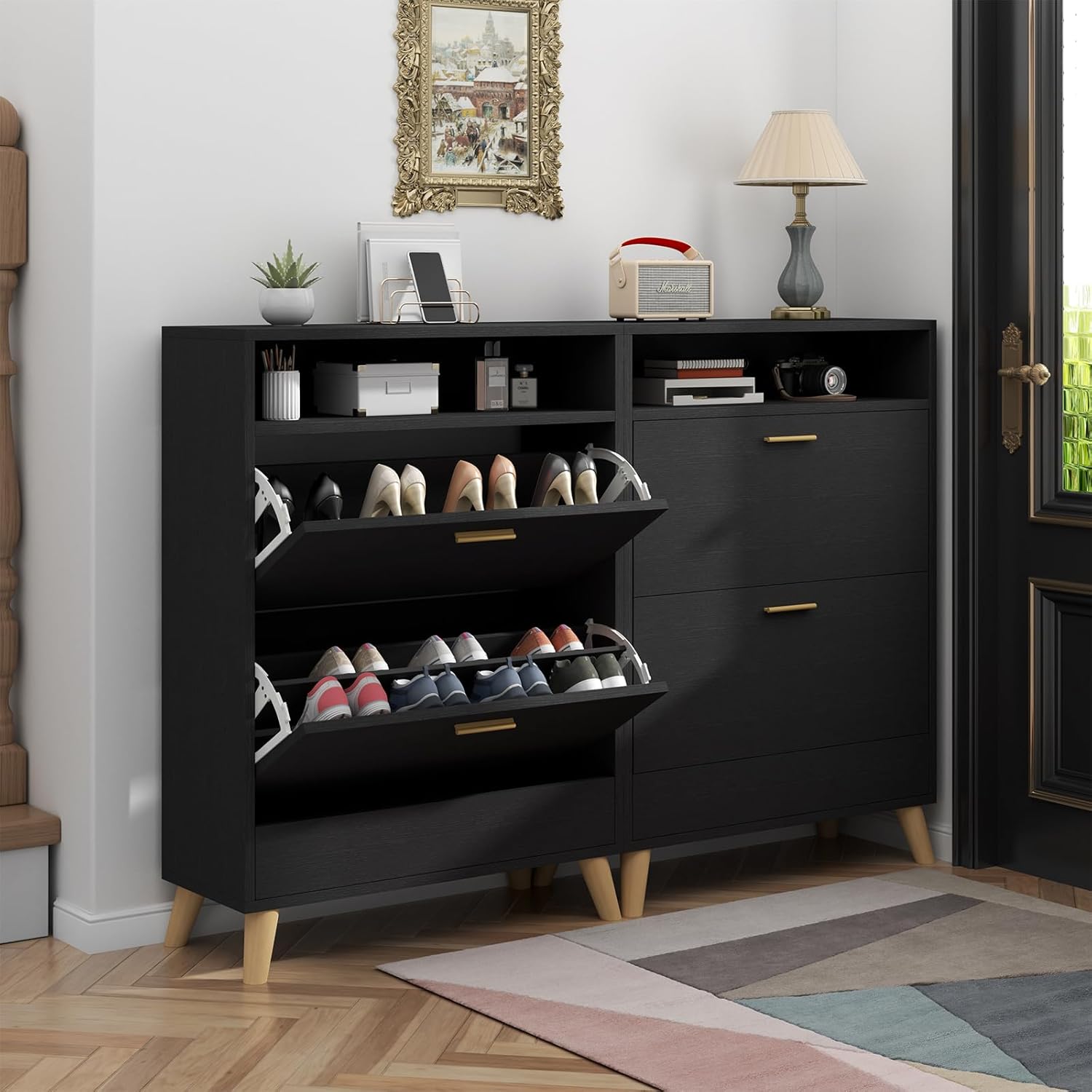 Shoe Storage Cabinets, 16 Pairs Free Standing Shoe Organizer with 2 Flip Drawers for Entryway, Narrow 3 Tier Entryway Hidden Shoe Rack with Doors (Black)