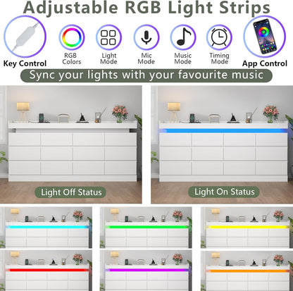 Extra Large 6 Drawer Dresser with 12 Compartments, Dresser with Power Outlet & LED Light, Modern Chest of Drawers, Double Wide Drawer Organizer Cabinet for Bedroom, Living Room, Entryway (White)